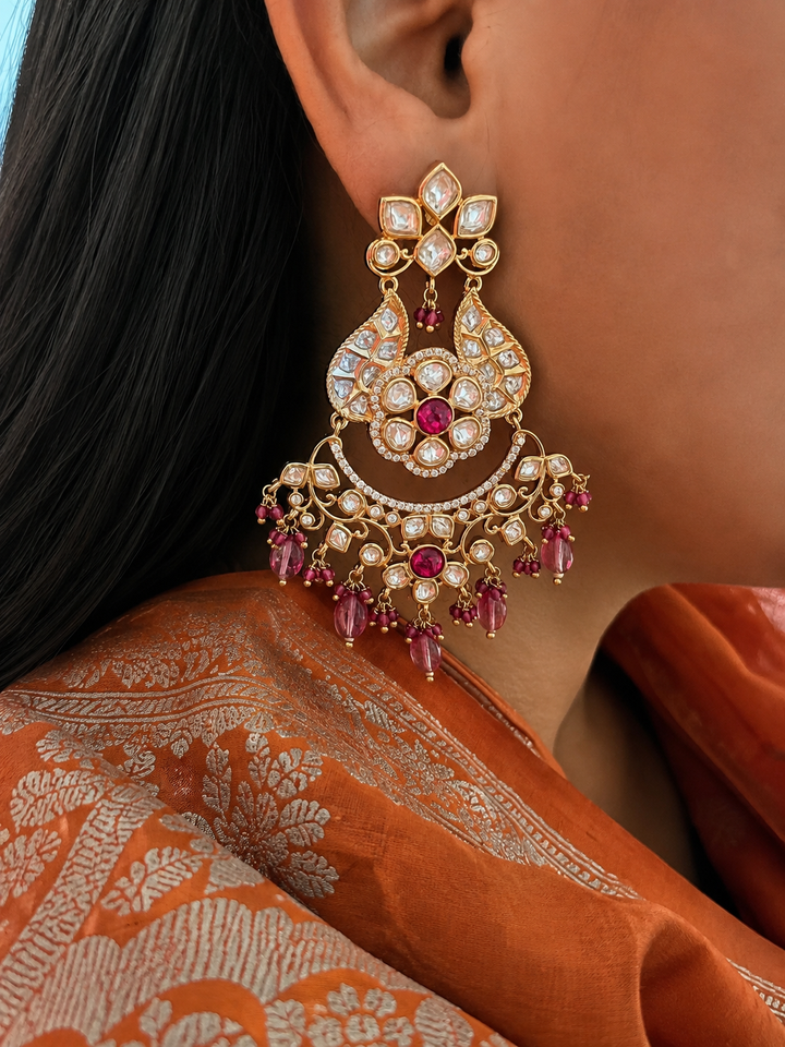 Royal Pink Kundan Chandbali Earrings with CZ Accents & Beaded Drops