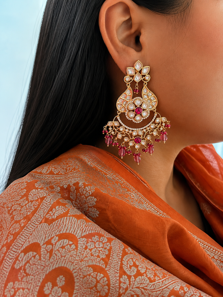 Royal Pink Kundan Chandbali Earrings with CZ Accents & Beaded Drops