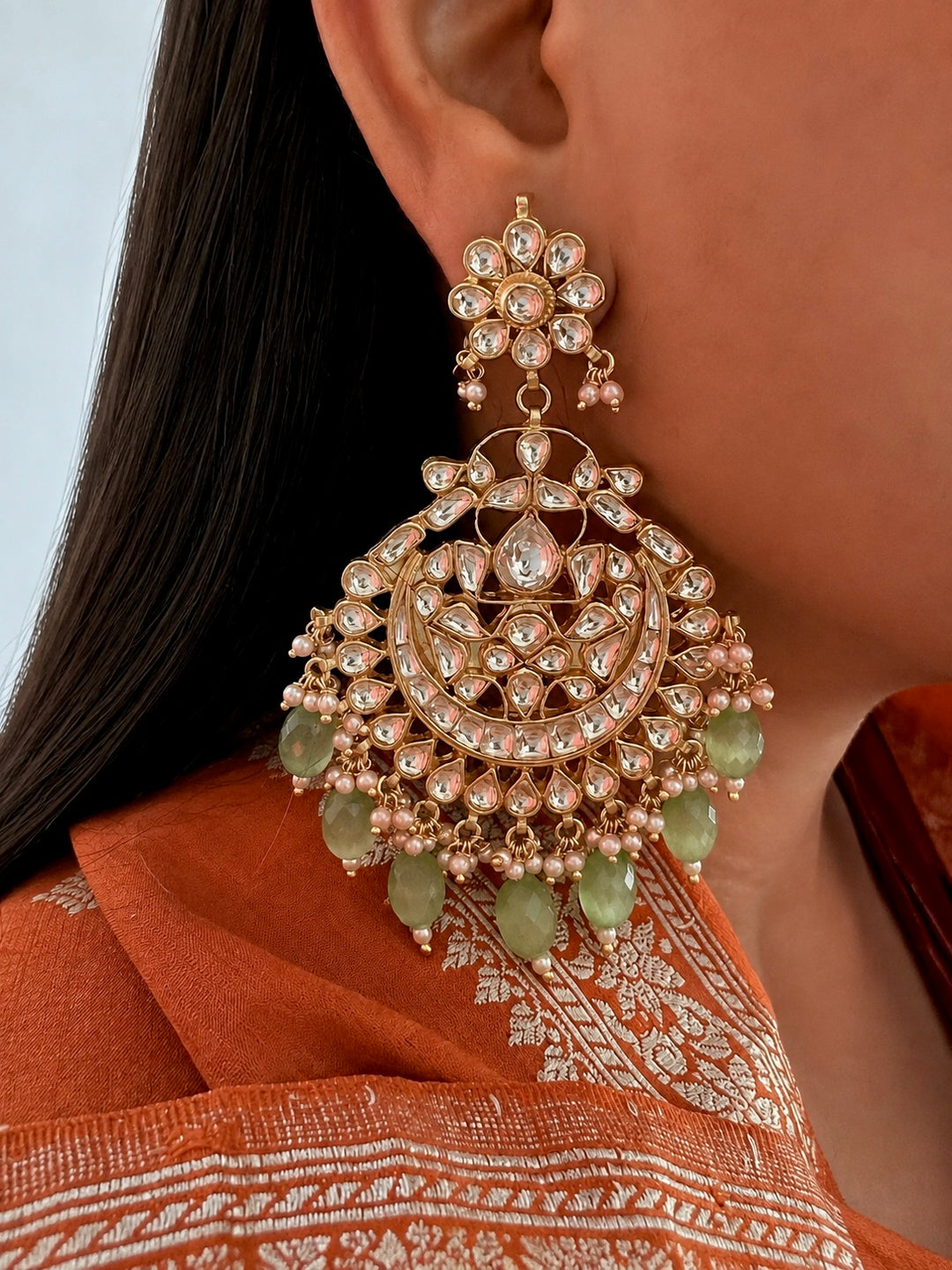 Sea Green Pachi Kundan Chandbali Earrings with Pearl & Bead Drops
