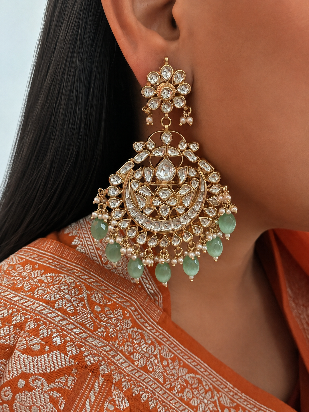 Sea Green Pachi Kundan Chandbali Earrings with Pearl & Bead Drops
