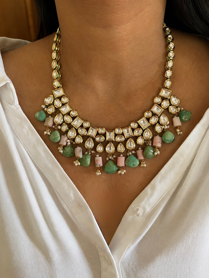 Green Chrysoprase & Pink Opal Kundan Collar Necklace Set with Earrings