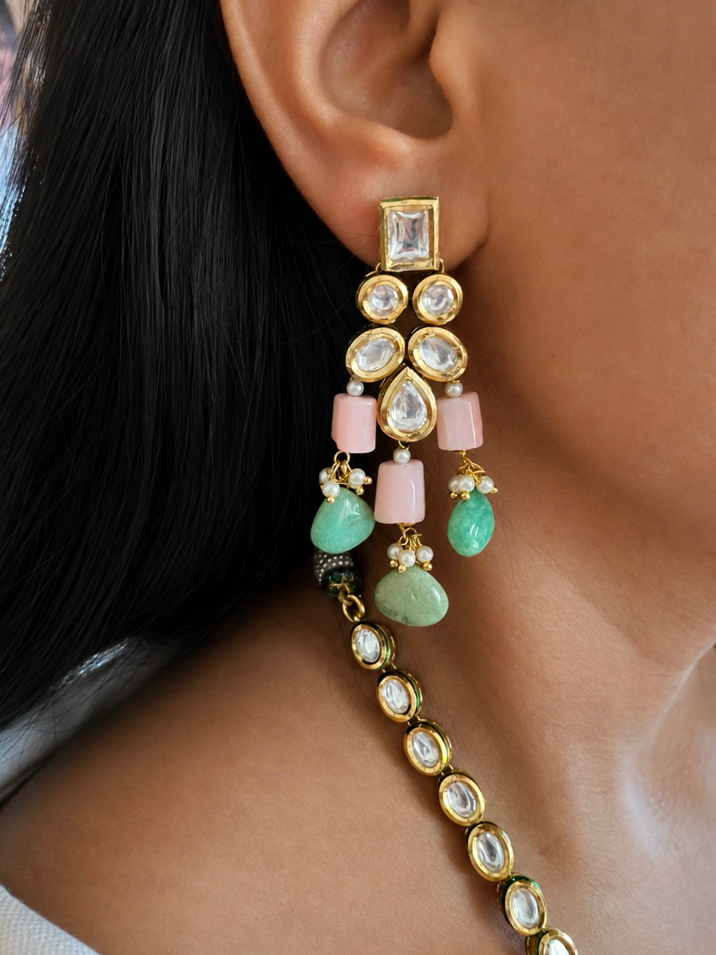 Green Chrysoprase & Pink Opal Kundan Collar Necklace Set with Earrings