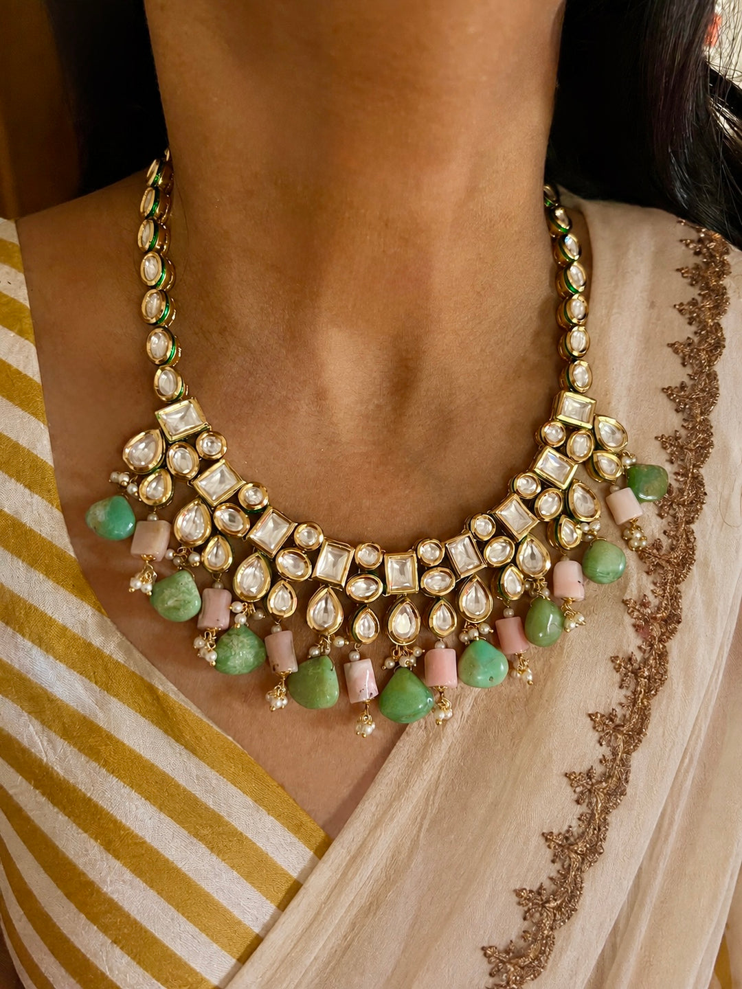 Green Chrysoprase & Pink Opal Kundan Collar Necklace Set with Earrings