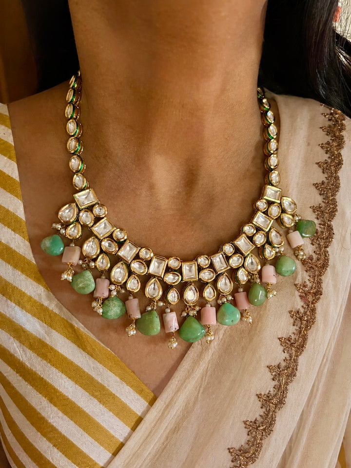 Green Chrysoprase & Pink Opal Kundan Collar Necklace Set with Earrings