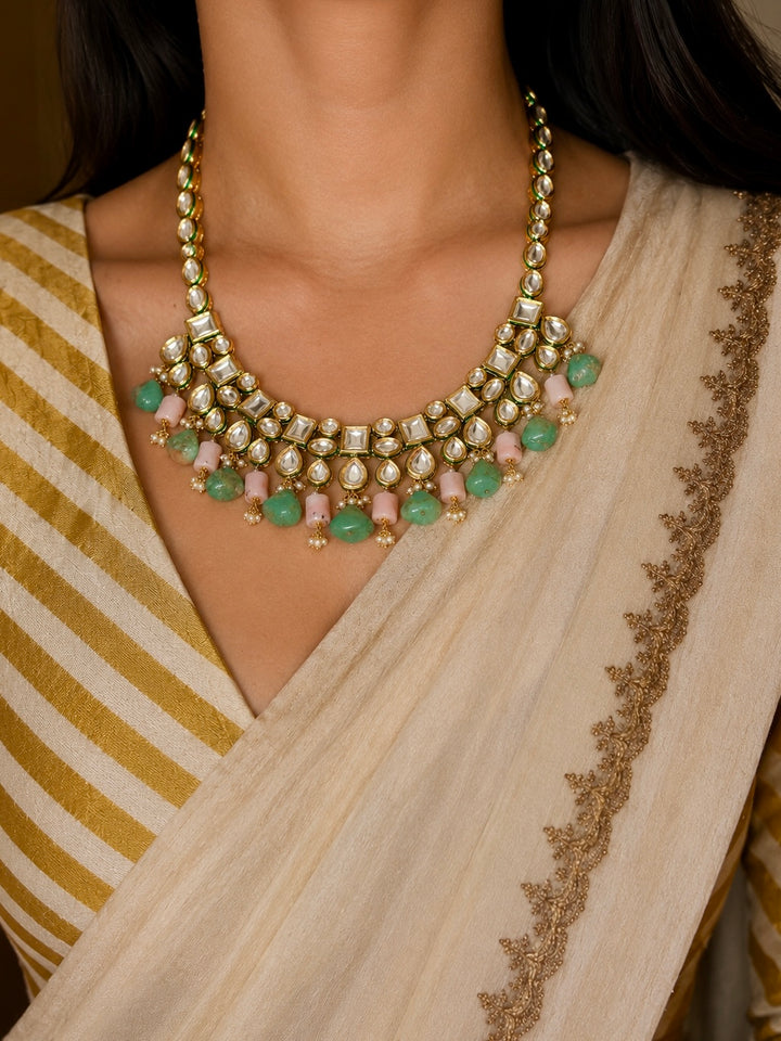 Green Chrysoprase & Pink Opal Kundan Collar Necklace Set with Earrings
