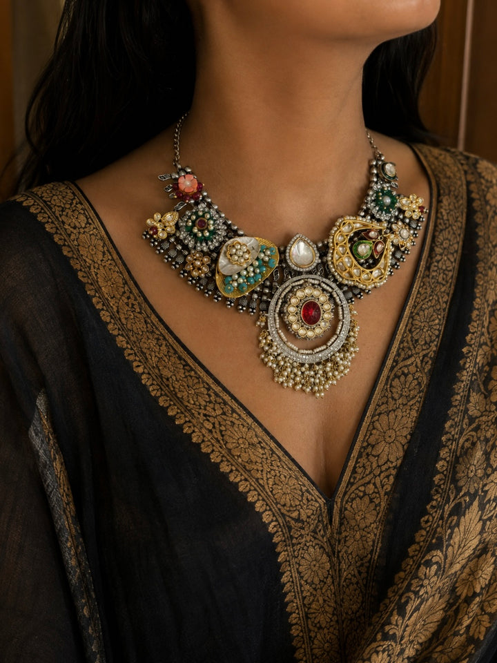 Designer Dual Tone Brooch Collar Necklace Set with Kundan Earrings