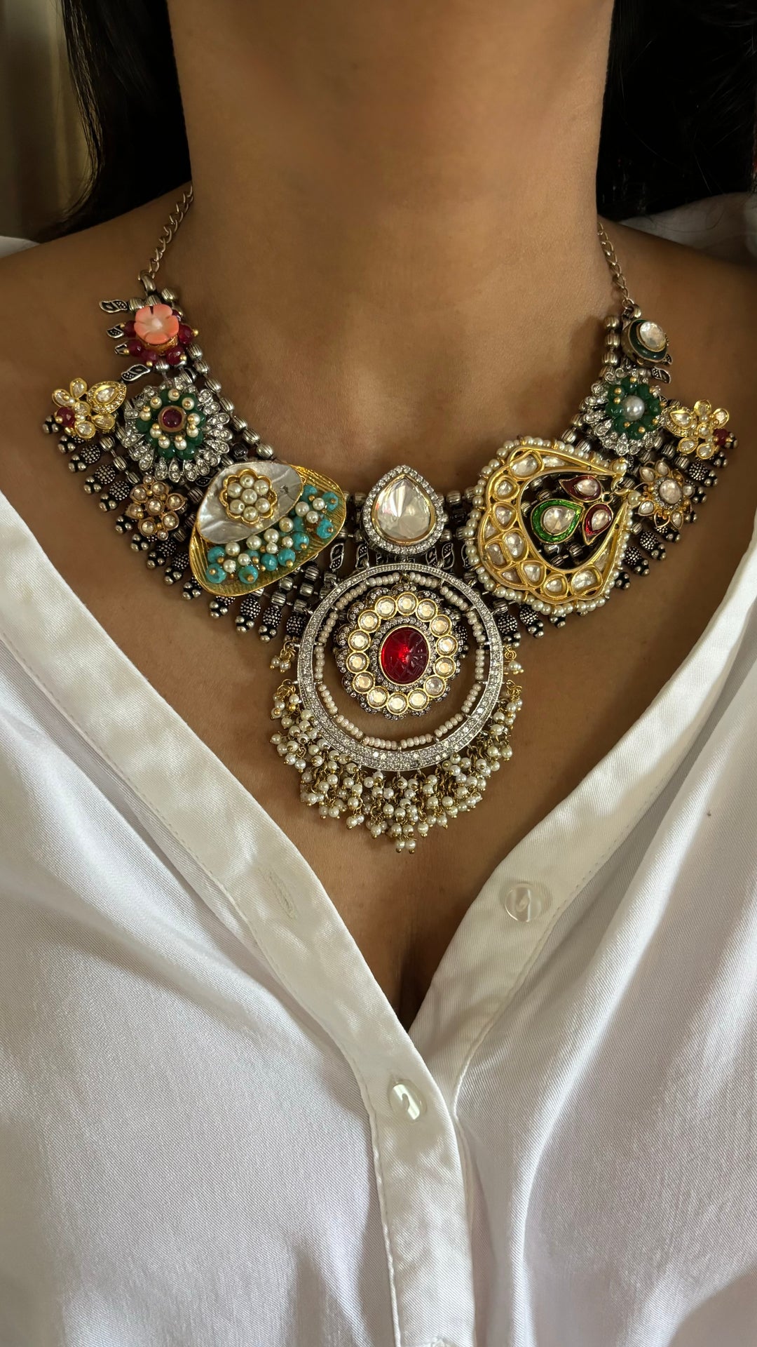 Designer Dual Tone Brooch Collar Necklace Set with Kundan Earrings