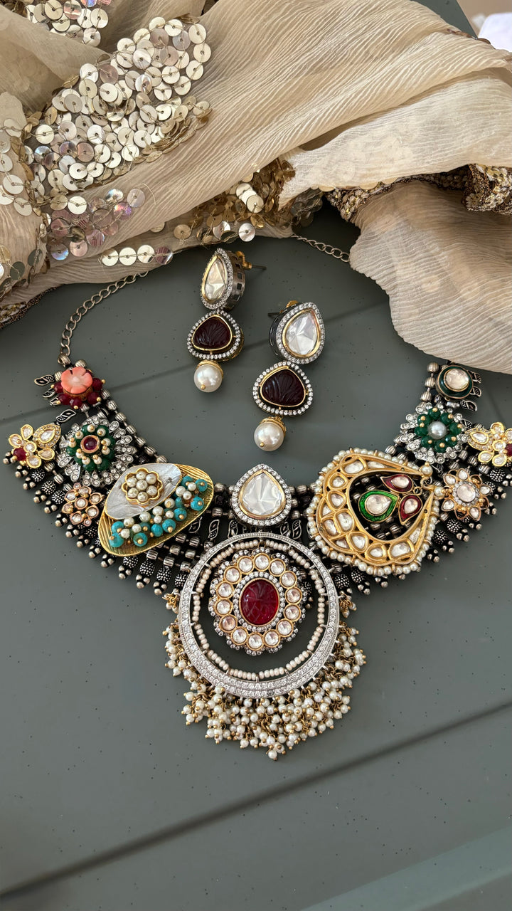 Designer Dual Tone Brooch Collar Necklace Set with Kundan Earrings