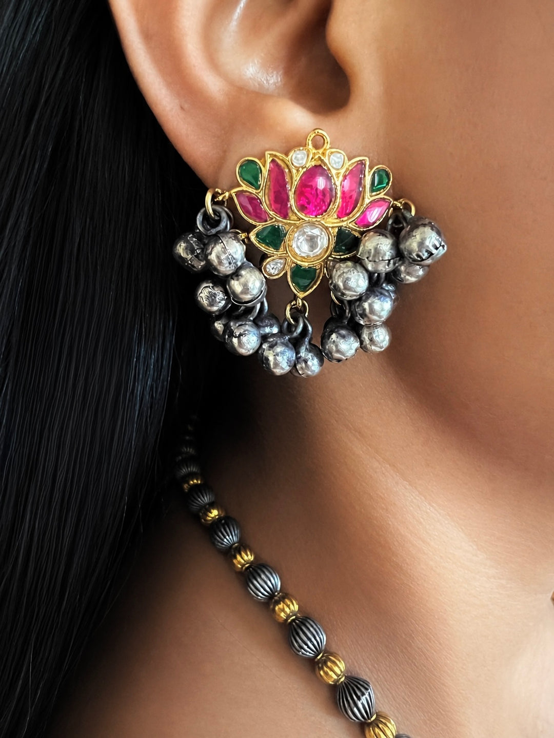 Lotus & Bird Motif Long Bead Mala Necklace Set