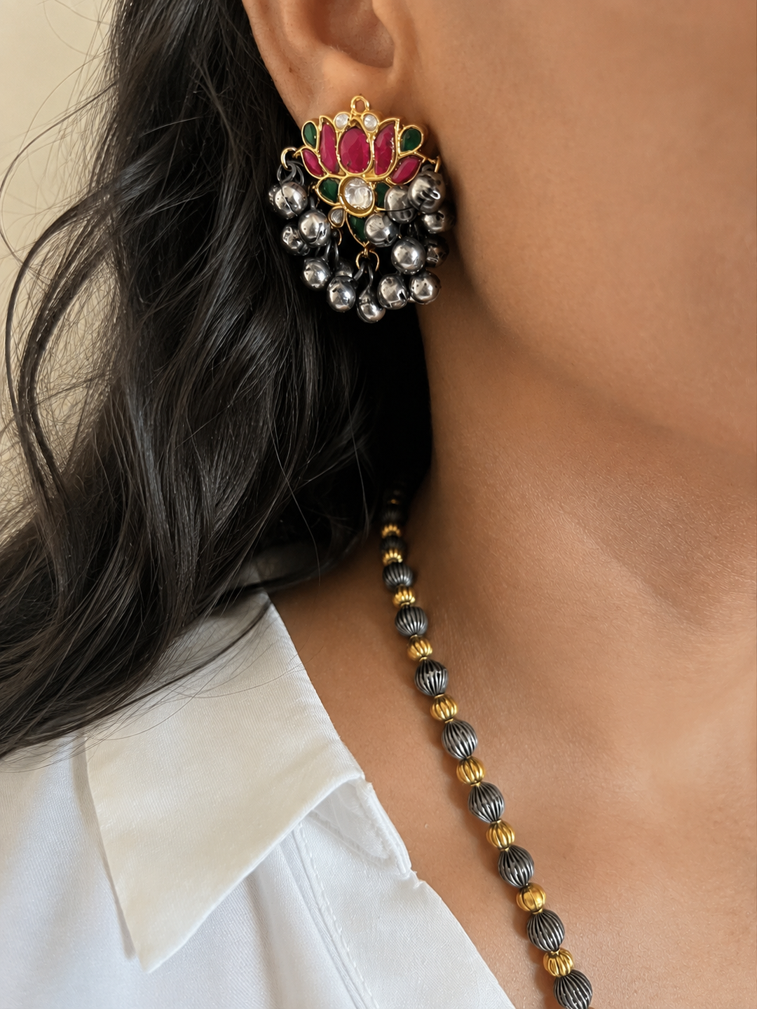 Lotus & Bird Motif Long Bead Mala Necklace Set