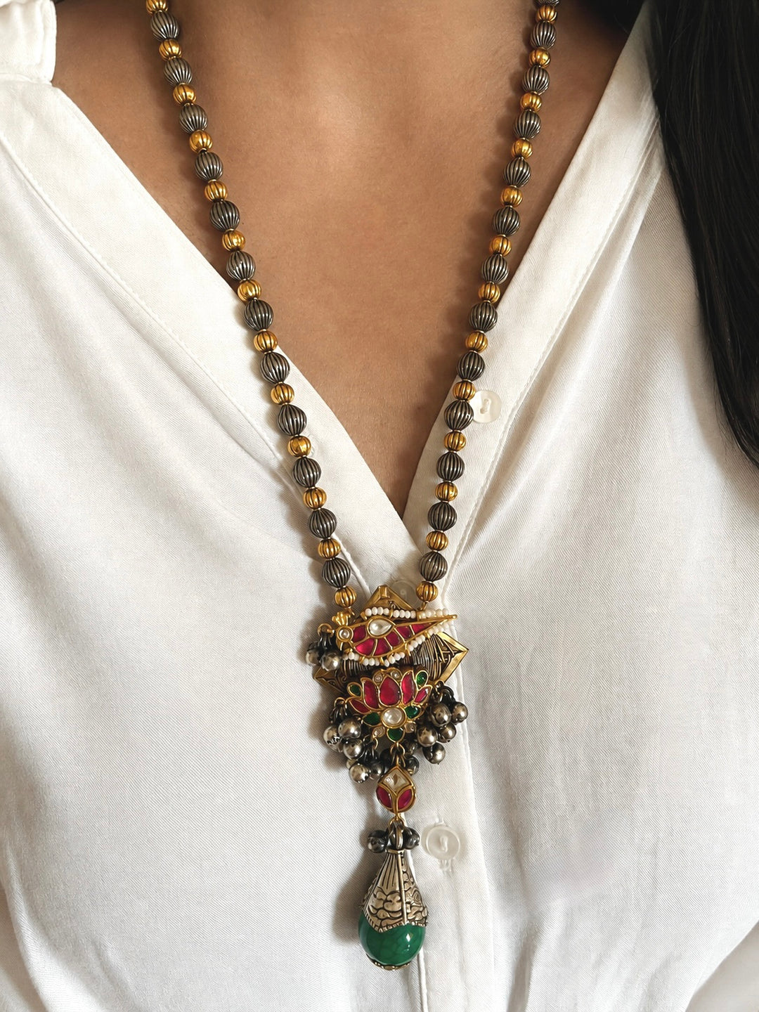 Lotus & Bird Motif Long Bead Mala Necklace Set