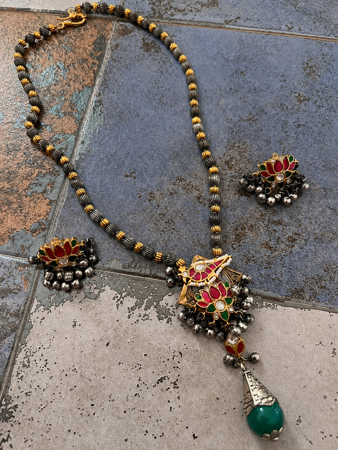 Lotus & Bird Motif Long Bead Mala Necklace Set
