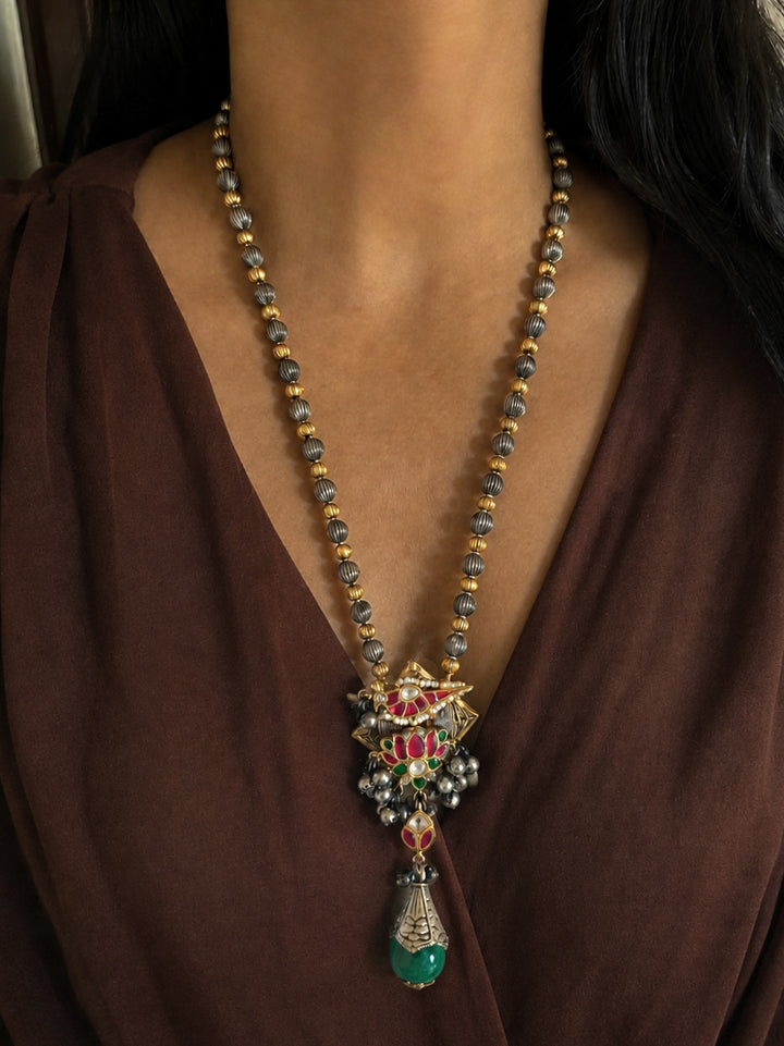Lotus & Bird Motif Long Bead Mala Necklace Set