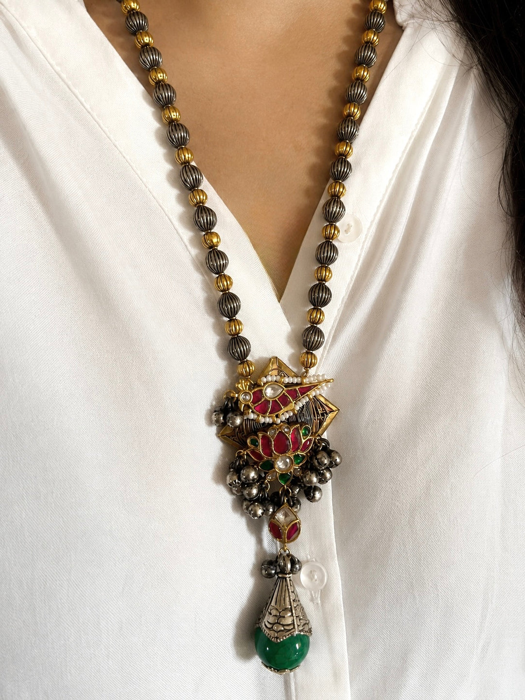 Lotus & Bird Motif Long Bead Mala Necklace Set
