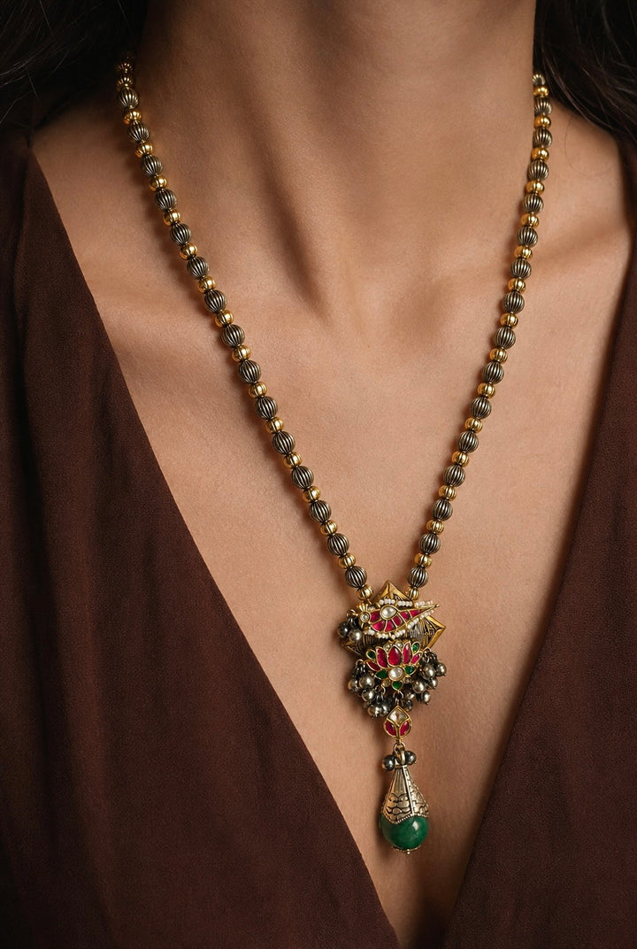 Lotus & Bird Motif Long Bead Mala Necklace Set