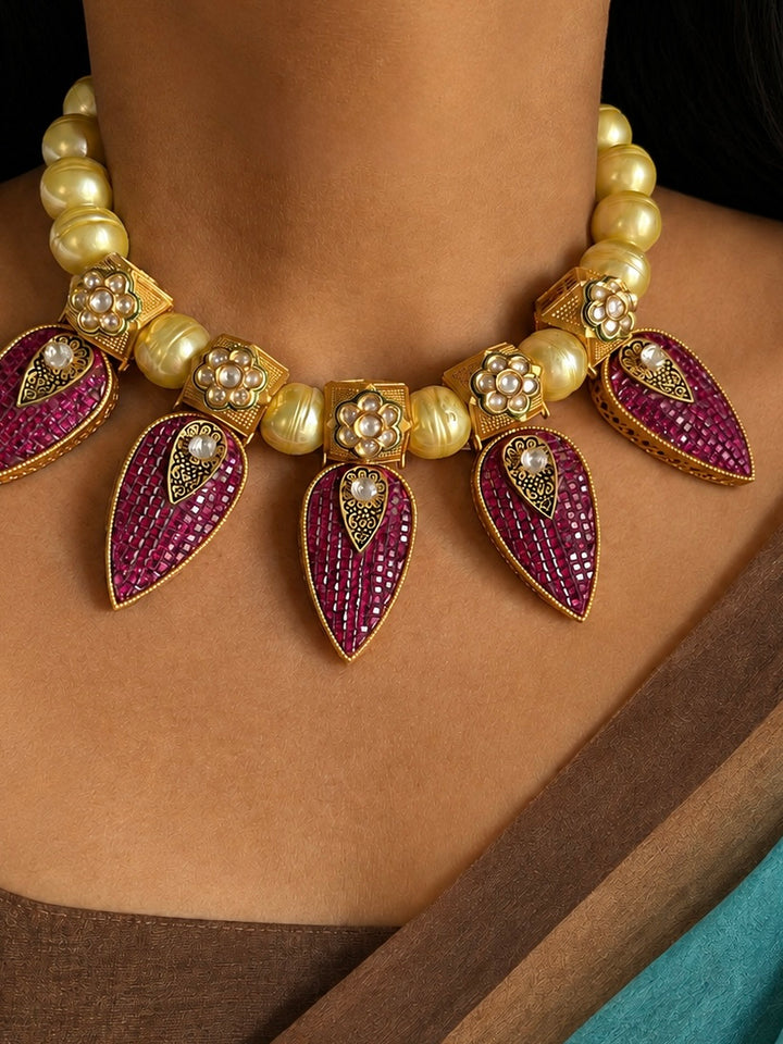 One of a Kind Ruby Pink Mosaic Teardrop Choker Necklace with Earrings