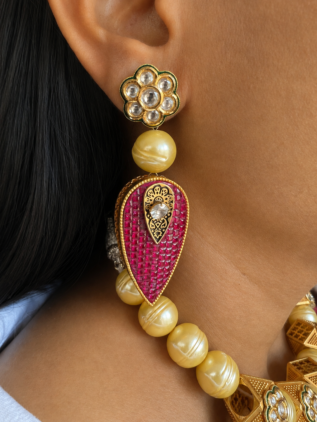 One of a Kind Ruby Pink Mosaic Teardrop Choker Necklace with Earrings