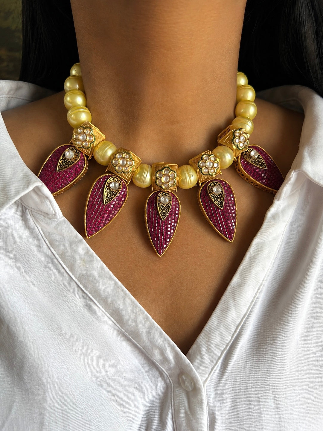 One of a Kind Ruby Pink Mosaic Teardrop Choker Necklace with Earrings