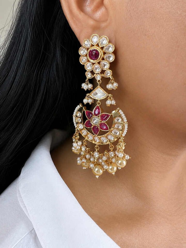Polki Style Kundan Chandbali Earrings, Ruby Red Floral Uncut Stone Dangles