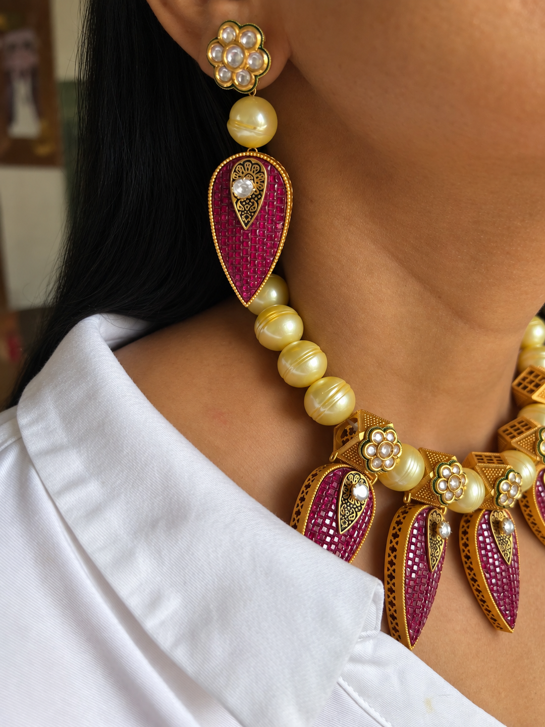 One of a Kind Ruby Pink Mosaic Teardrop Choker Necklace with Earrings