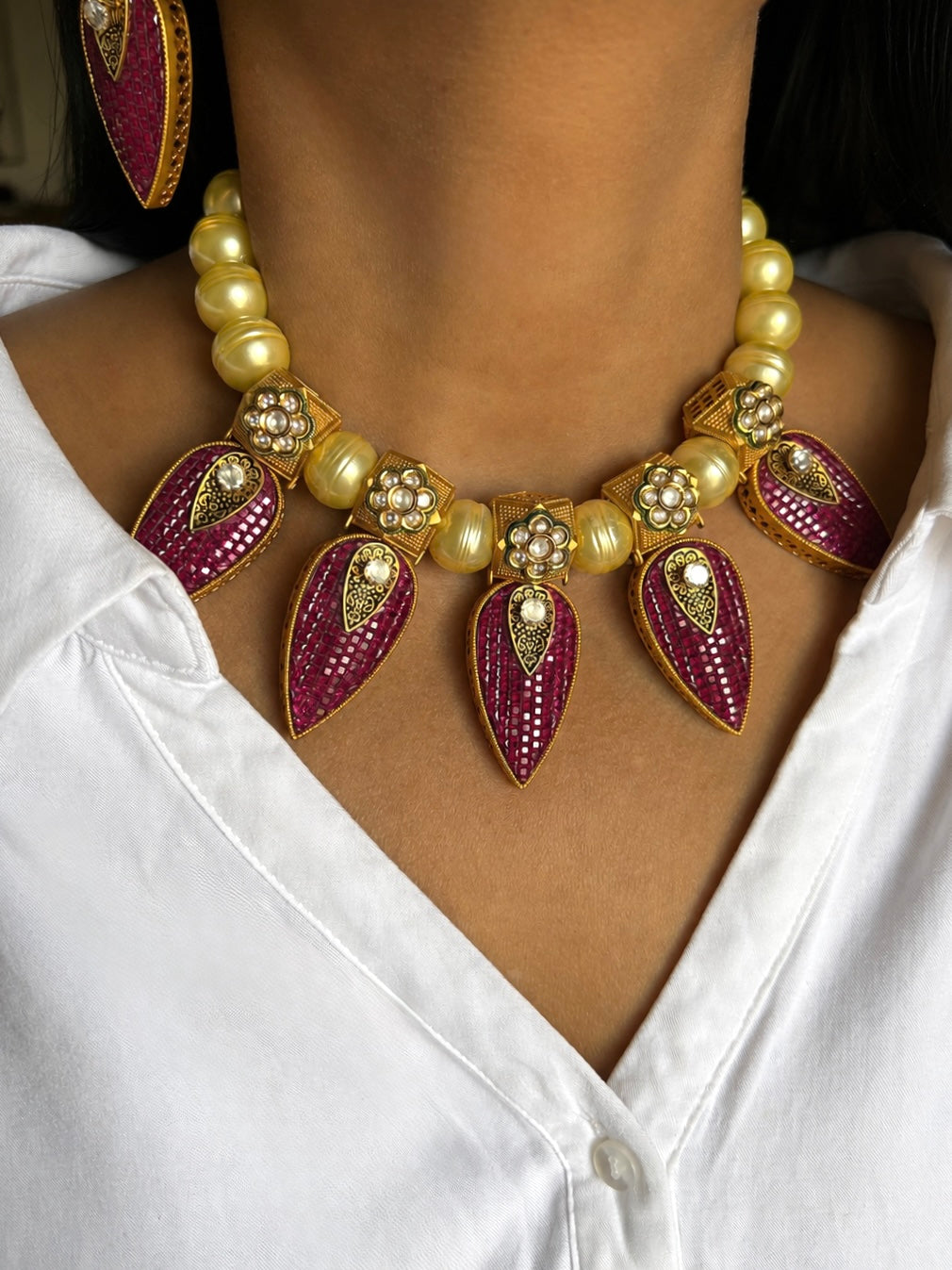 One of a Kind Ruby Pink Mosaic Teardrop Choker Necklace with Earrings