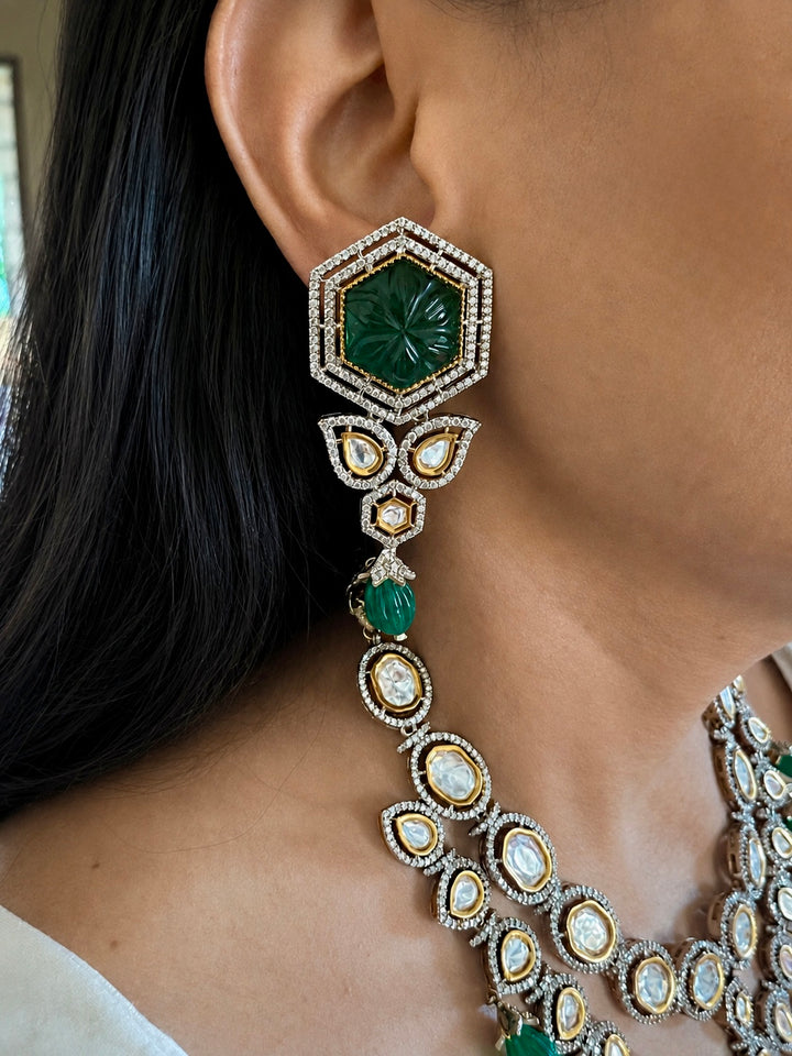 Dual Tone Kundan Necklace Set with Emerald Green Melon Beads