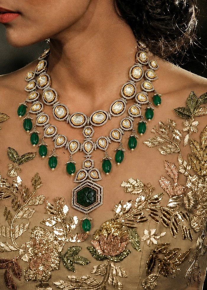 Dual Tone Kundan Necklace Set with Emerald Green Melon Beads