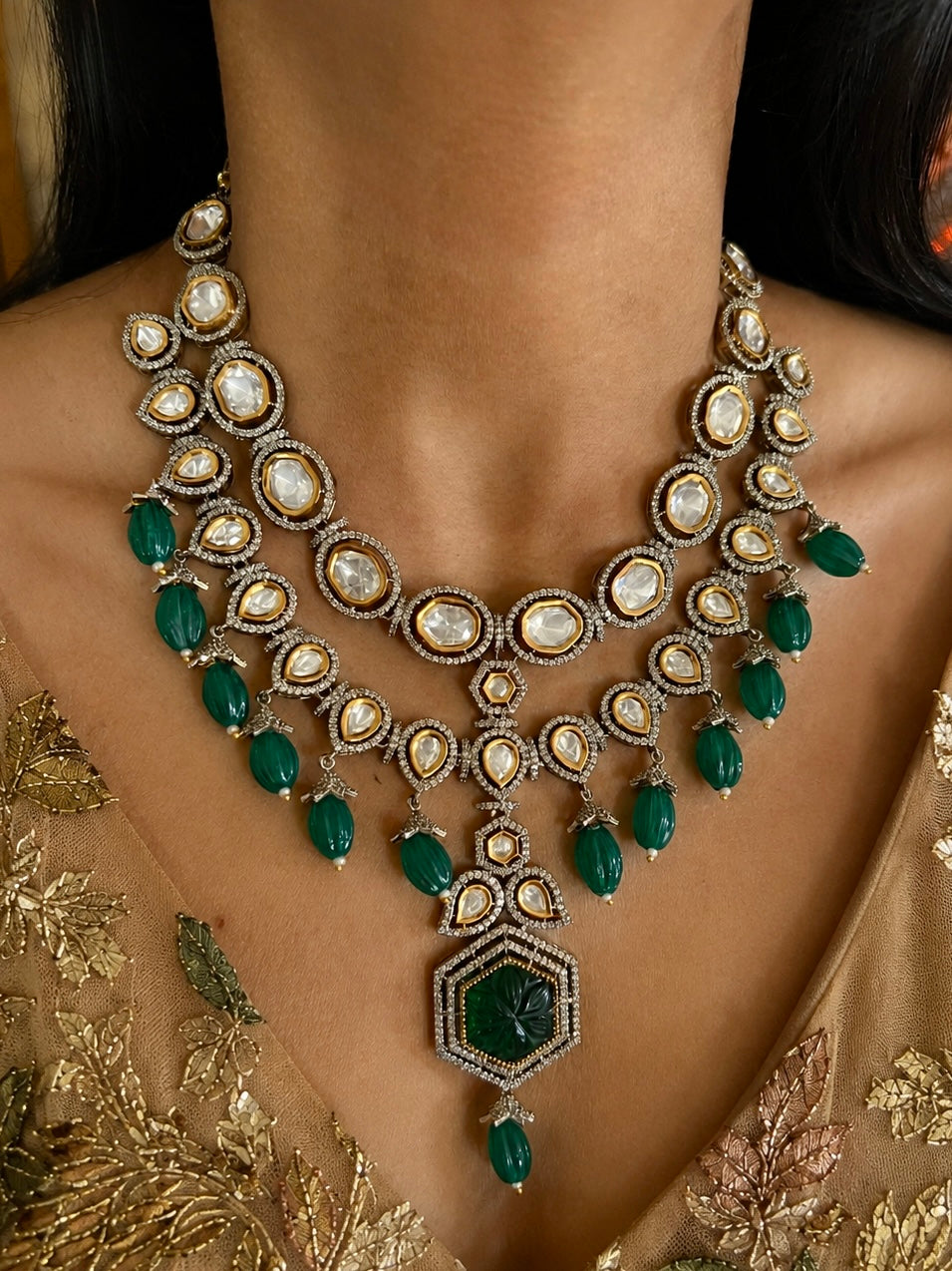 Dual Tone Kundan Necklace Set with Emerald Green Melon Beads