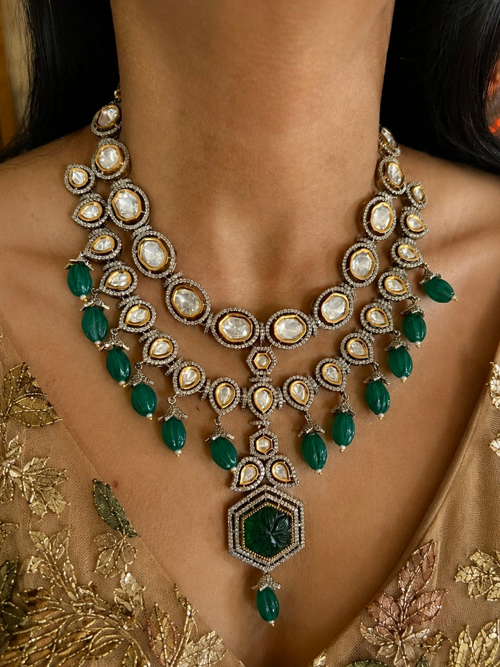 Dual Tone Kundan Necklace Set with Emerald Green Melon Beads