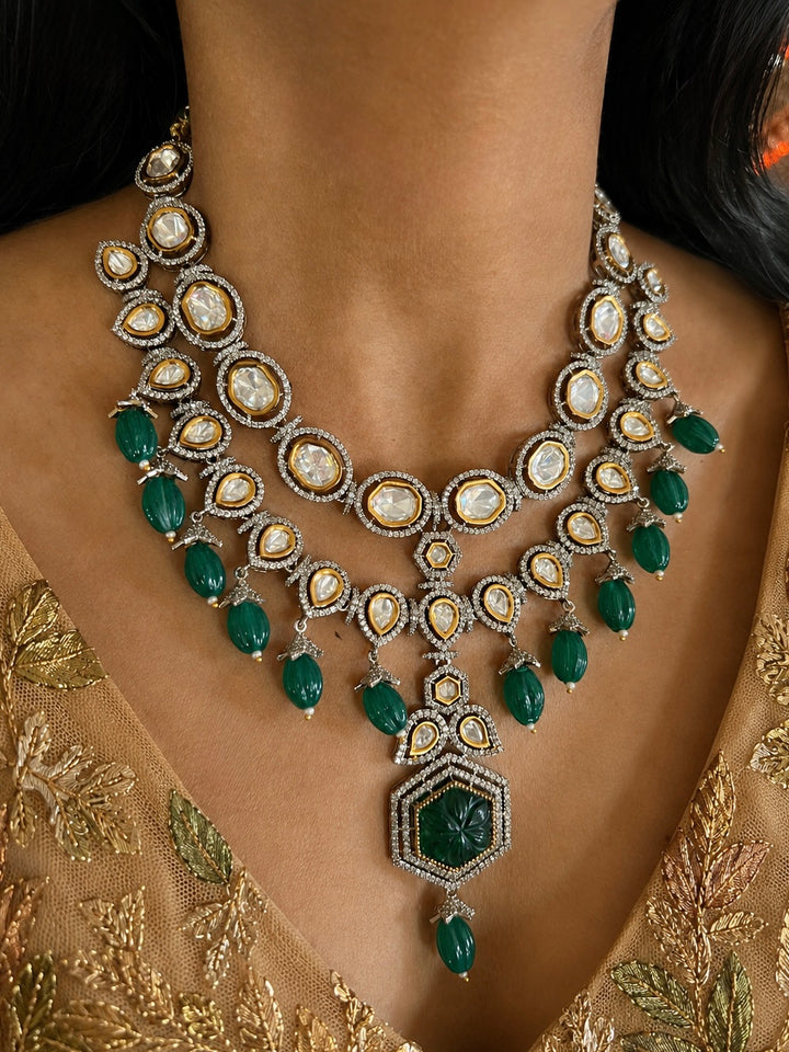 Dual Tone Kundan Necklace Set with Emerald Green Melon Beads