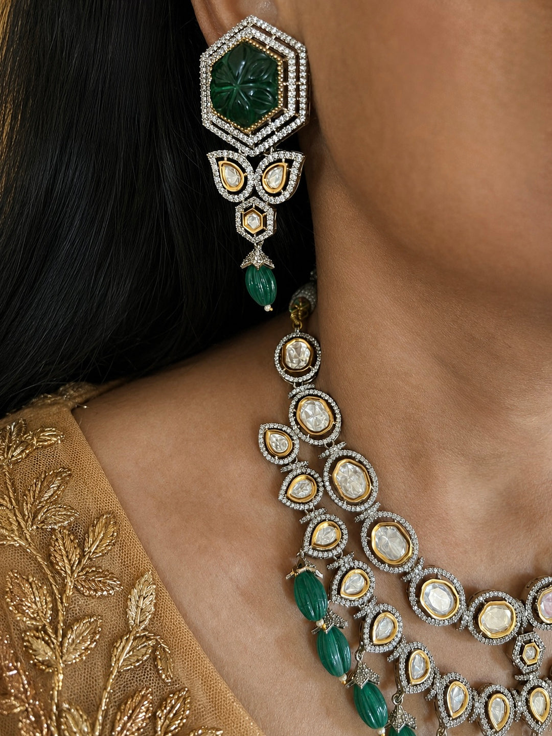 Dual Tone Kundan Necklace Set with Emerald Green Melon Beads