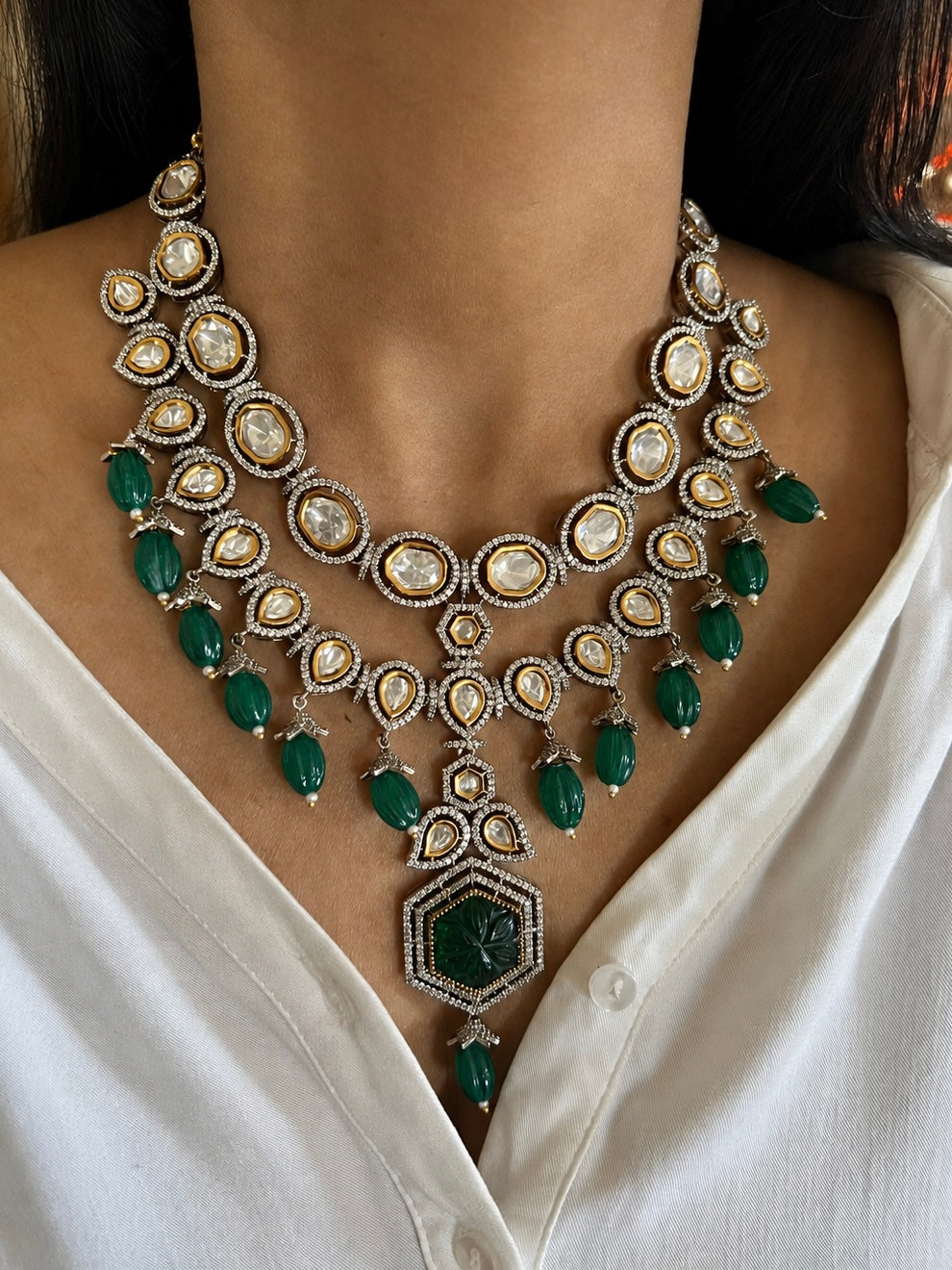 Dual Tone Kundan Necklace Set with Emerald Green Melon Beads
