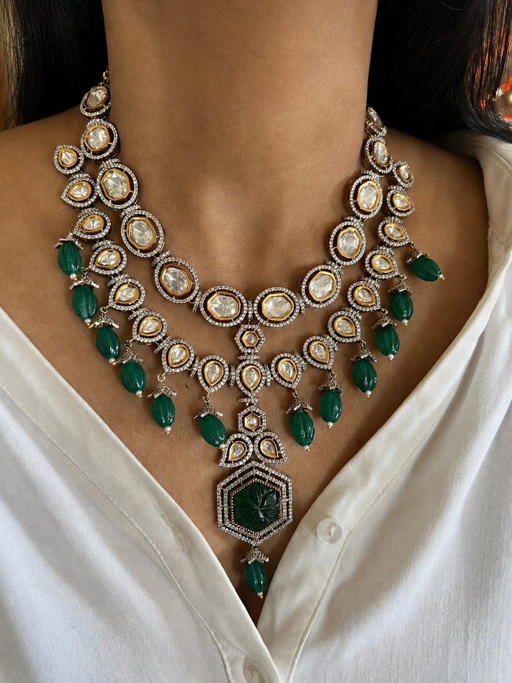 Dual Tone Kundan Necklace Set with Emerald Green Melon Beads
