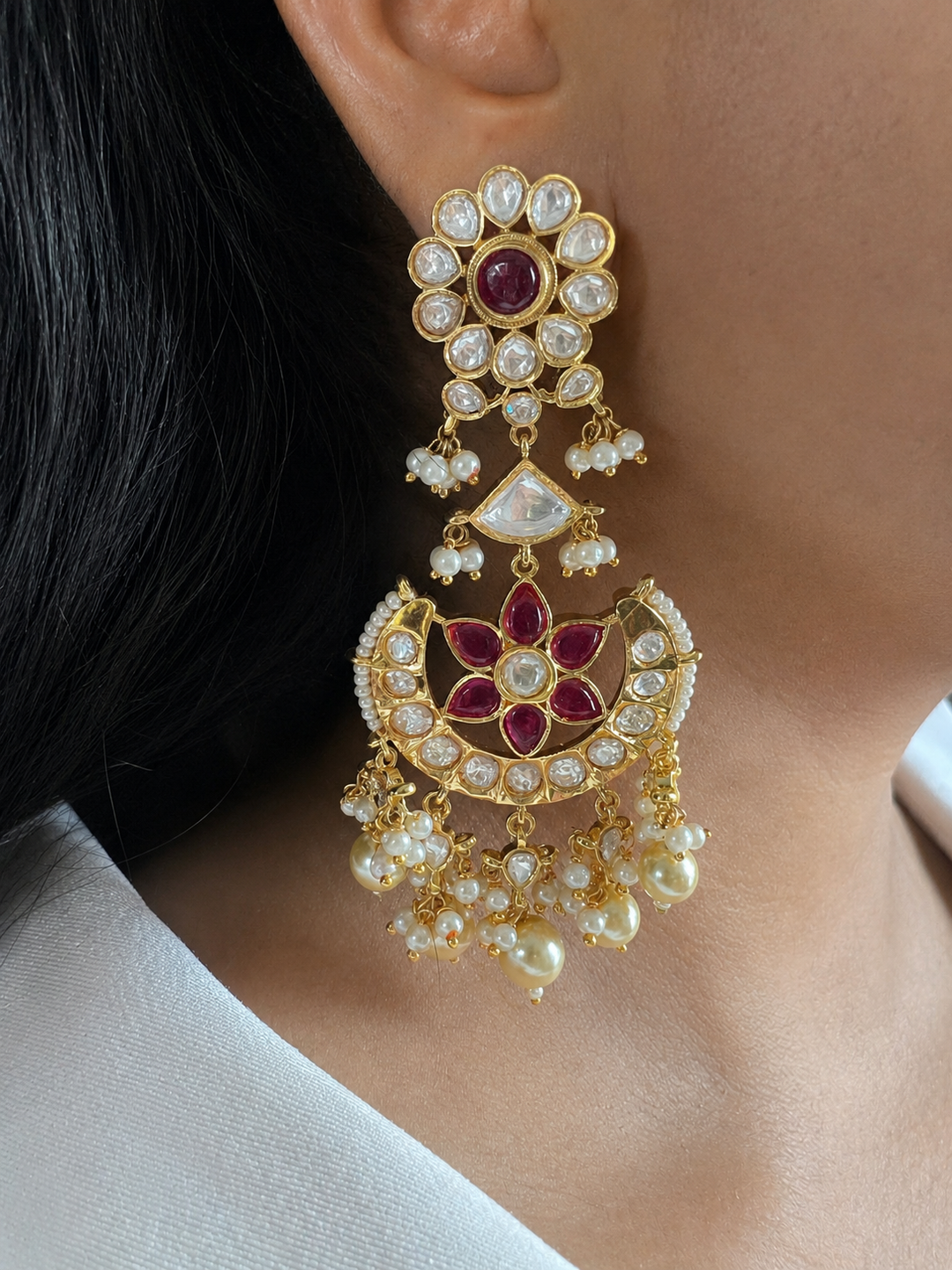 Polki Style Kundan Chandbali Earrings, Ruby Red Floral Uncut Stone Dangles