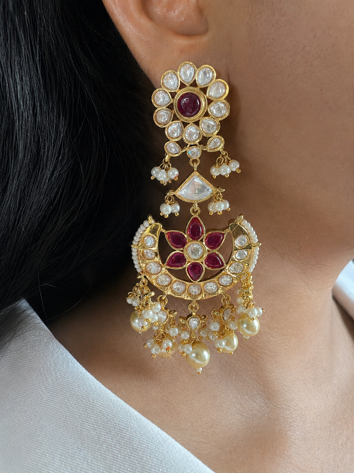 Polki Style Kundan Chandbali Earrings, Ruby Red Floral Uncut Stone Dangles