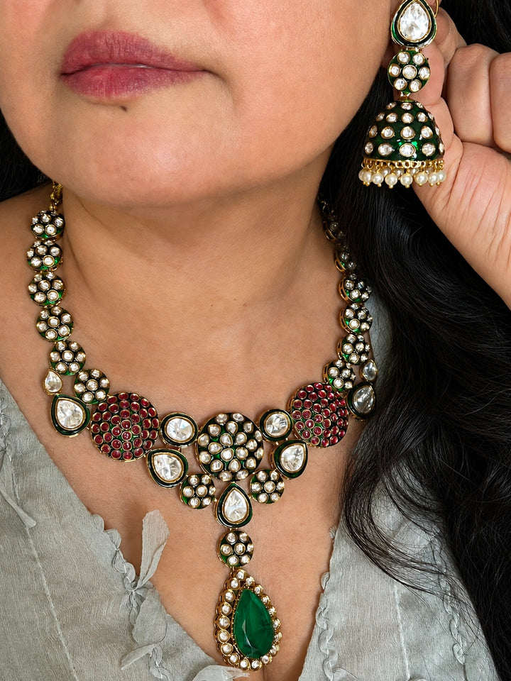 Kundan Enamel Necklace Set with Green Doublet Stone & Jhumki Earrings
