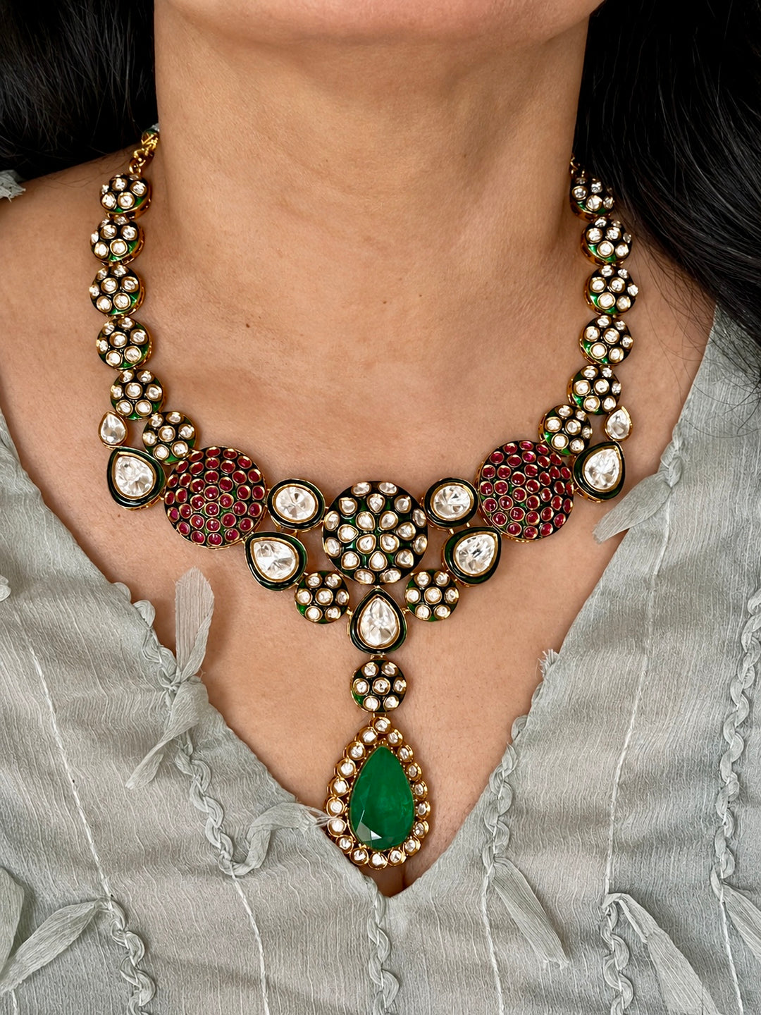 Kundan Enamel Necklace Set with Green Doublet Stone & Jhumki Earrings