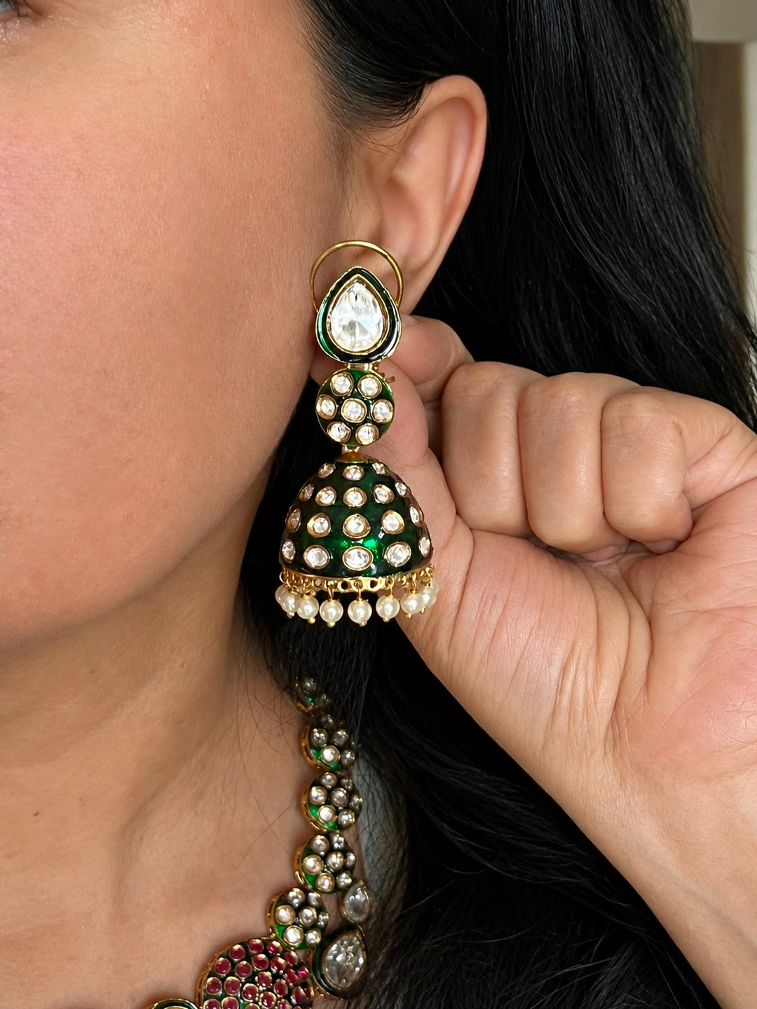 Kundan Enamel Necklace Set with Green Doublet Stone & Jhumki Earrings
