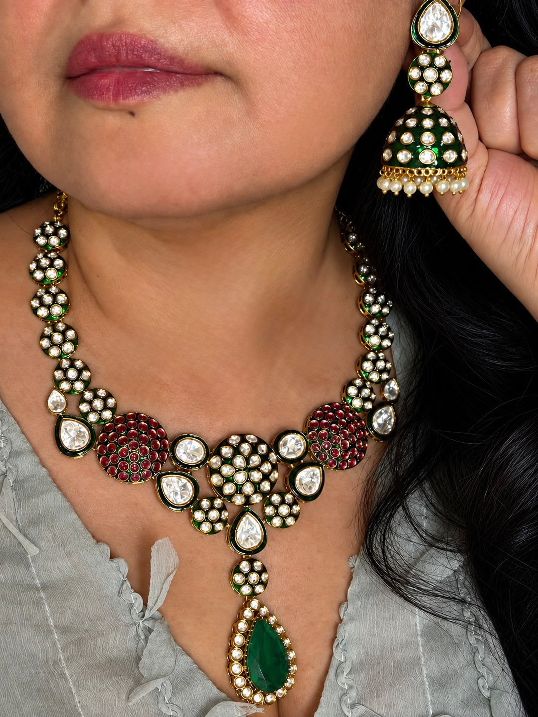 Kundan Enamel Necklace Set with Green Doublet Stone & Jhumki Earrings