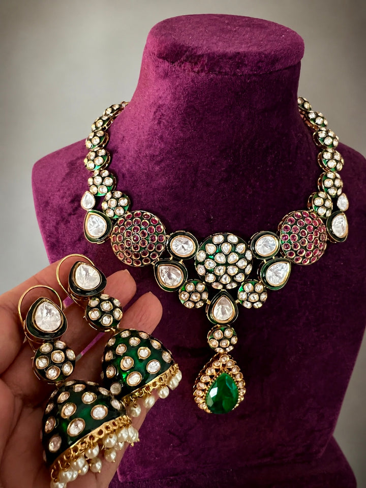 Kundan Enamel Necklace Set with Green Doublet Stone & Jhumki Earrings