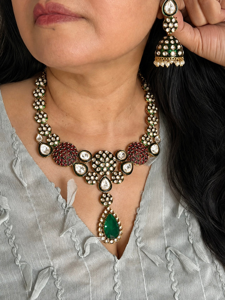 Kundan Enamel Necklace Set with Green Doublet Stone & Jhumki Earrings