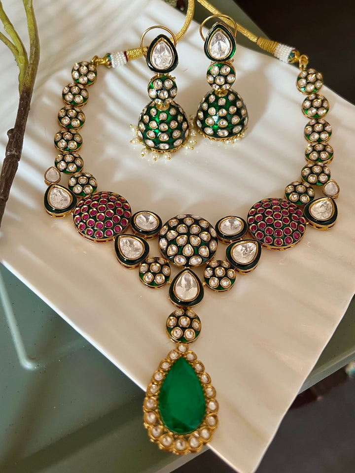 Kundan Enamel Necklace Set with Green Doublet Stone & Jhumki Earrings