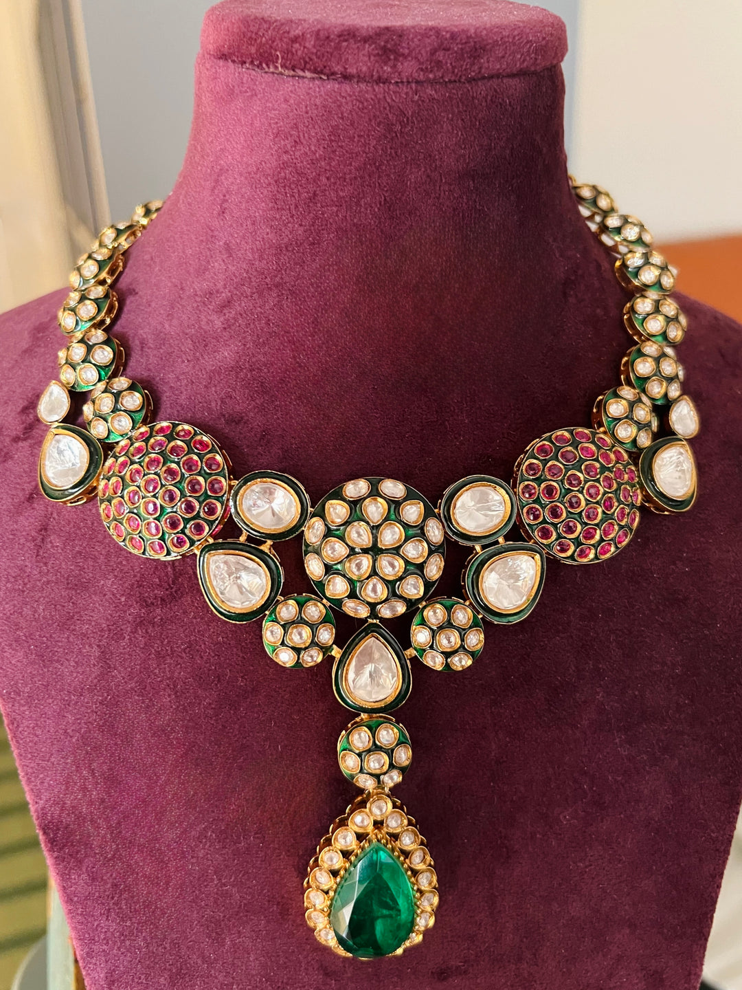 Kundan Enamel Necklace Set with Green Doublet Stone & Jhumki Earrings