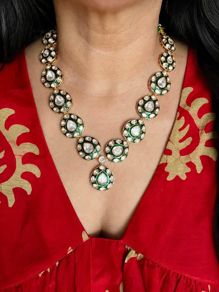 Green Meenakari Kundan Necklace Set with Earrings