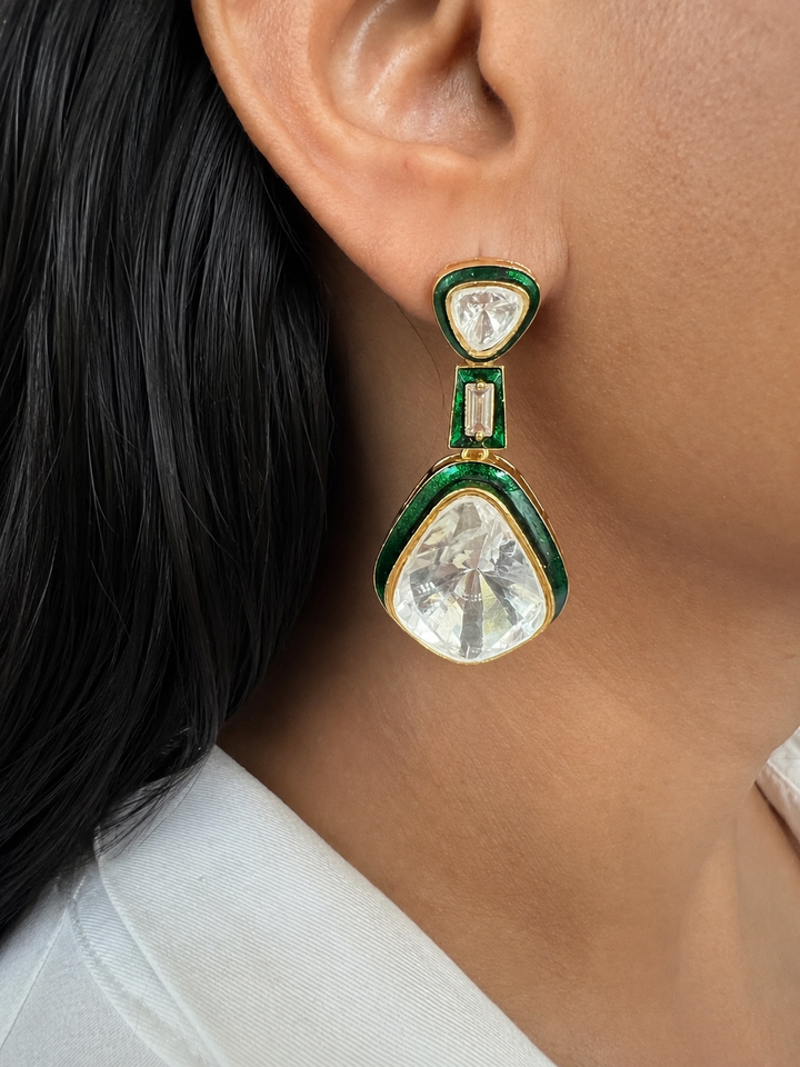 Green Enamel Kundan Drop Earrings