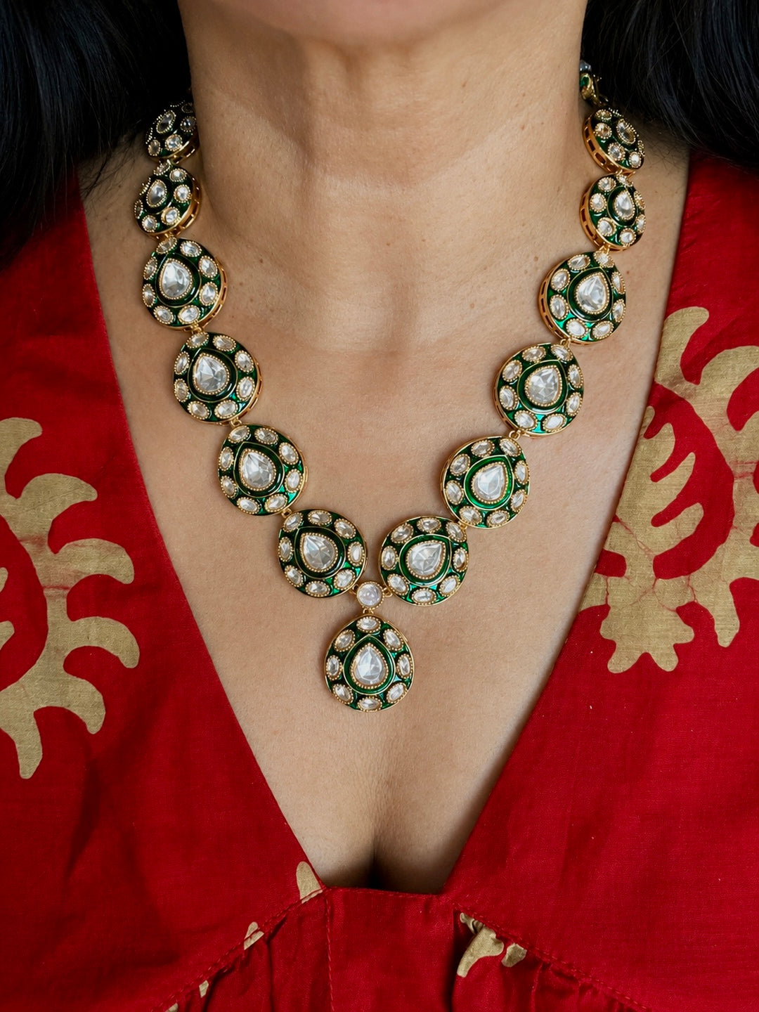 Green Meenakari Kundan Necklace Set with Earrings