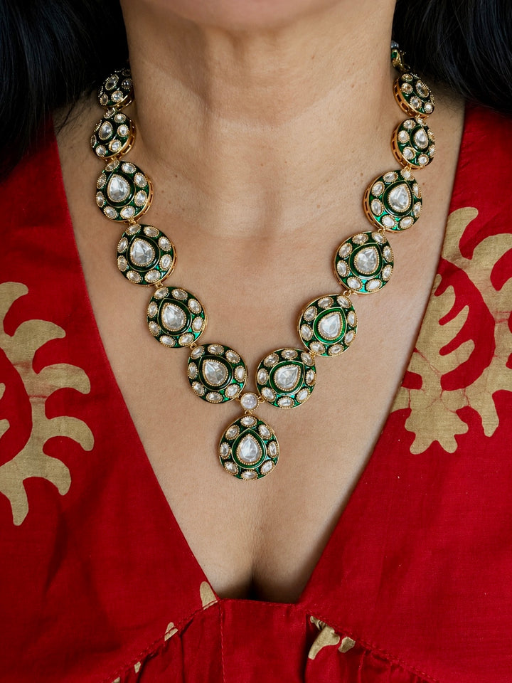 Green Meenakari Kundan Necklace Set with Earrings