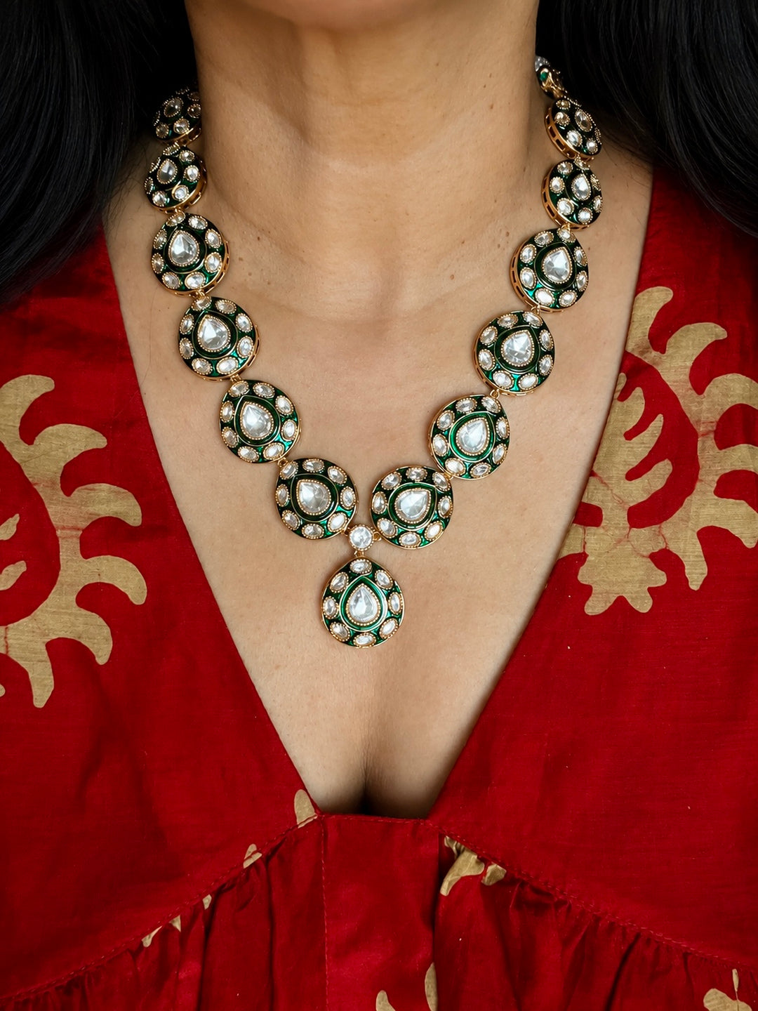 Green Meenakari Kundan Necklace Set with Earrings