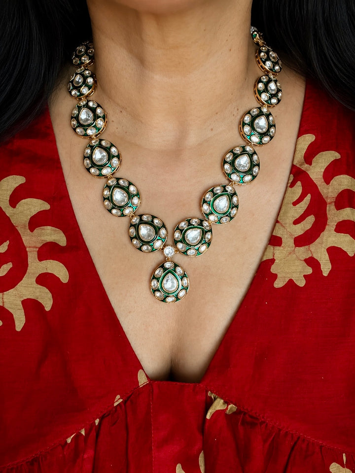Green Meenakari Kundan Necklace Set with Earrings