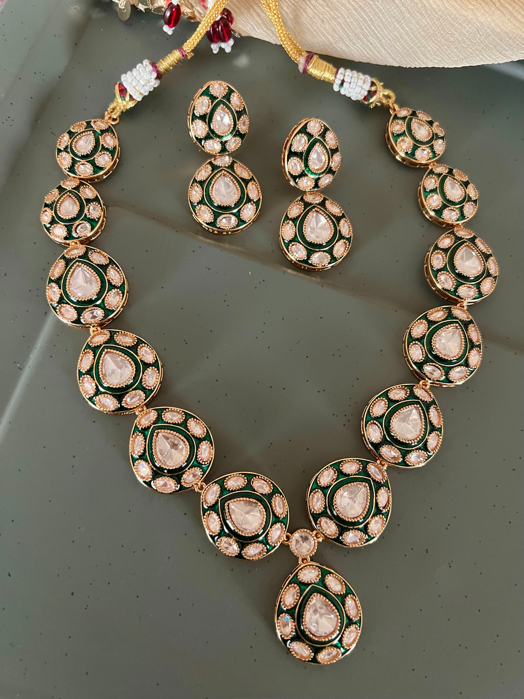 Green Meenakari Kundan Necklace Set with Earrings